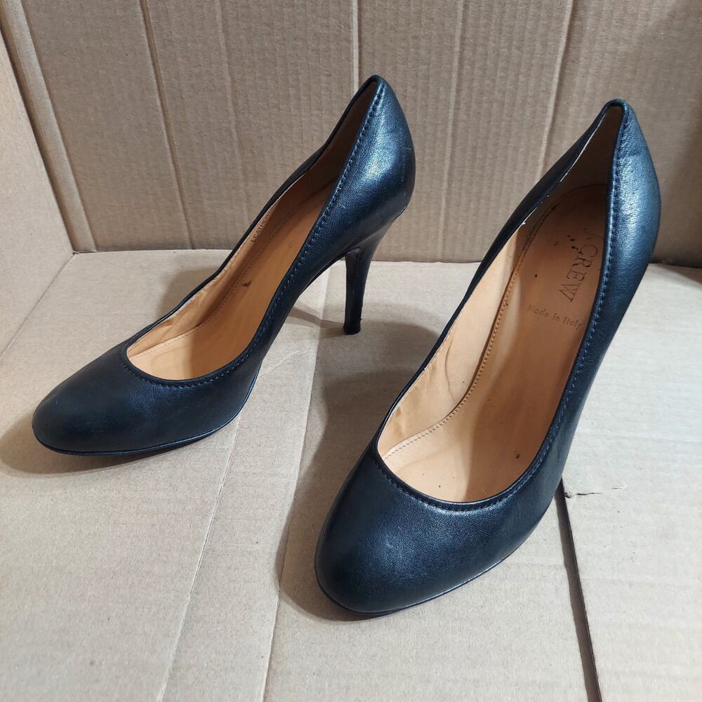 J Crew Italy 46785 Women's US 9 Mona Classic Black Leather Round Toe Heels